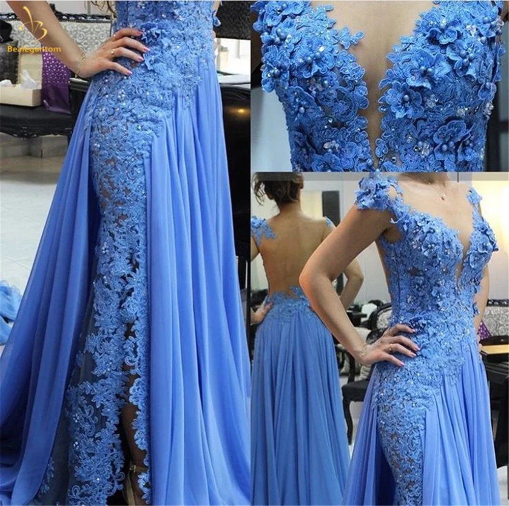 Bealegantom 2026 Newest Elegant Blue Chiffon Mermaid Evening Dresses Illusion Scoop Lace Appliques Formal Prom Party Gown QA121