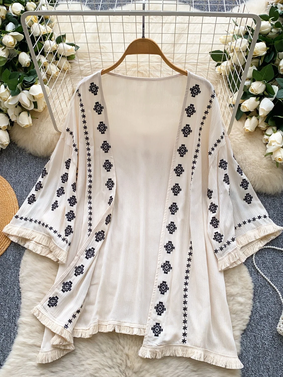 n Sle Women's Oversized Casual Embroidered Cardigan Summer Vaion Loose Tassel Top Heavy Embroidery Faion Outerwear