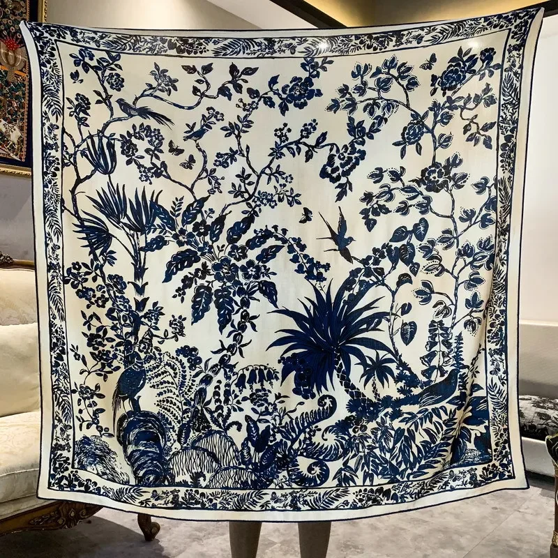 

High-end Elegant Women Retro Tropical Rainforest Double Sided Print Quality Silk Wool Hand-rolled Edge Large Square Scarf Shawl
