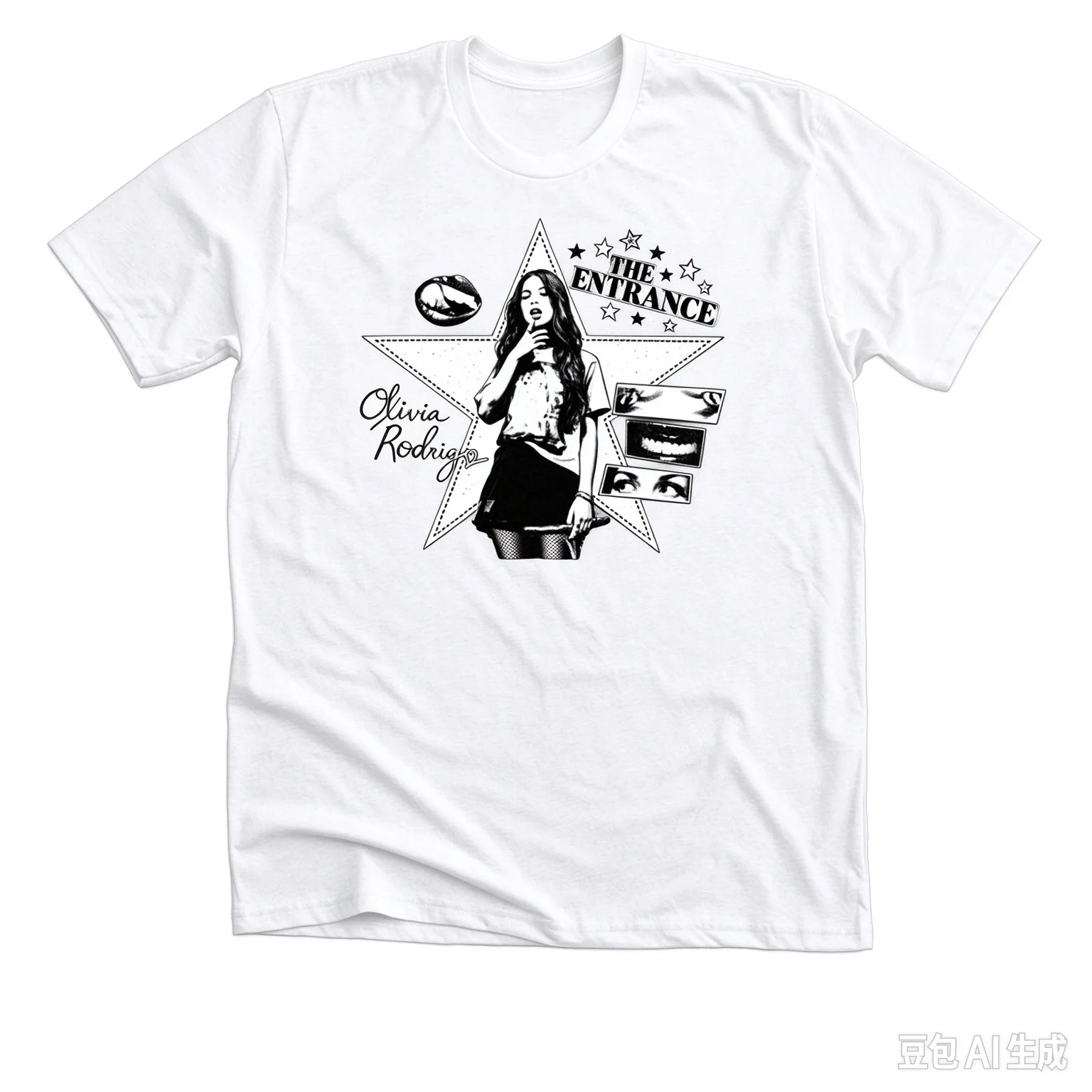 2026 Olivia Rodrigo Vintage Fragment Face Art Print Crew Neck Oversized Tee Streetwear, Collage Graphic Short Sleeve T Shirt