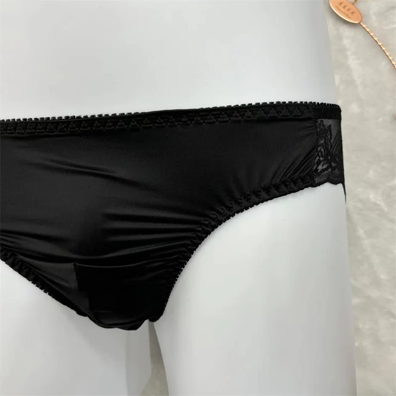 ﻿ Męska seksowna gładka transparentna bielizna jedwabista w dotyku elastyczna dopasowana koronkowa kwiatowa majtki Sissy BF bikini slipy