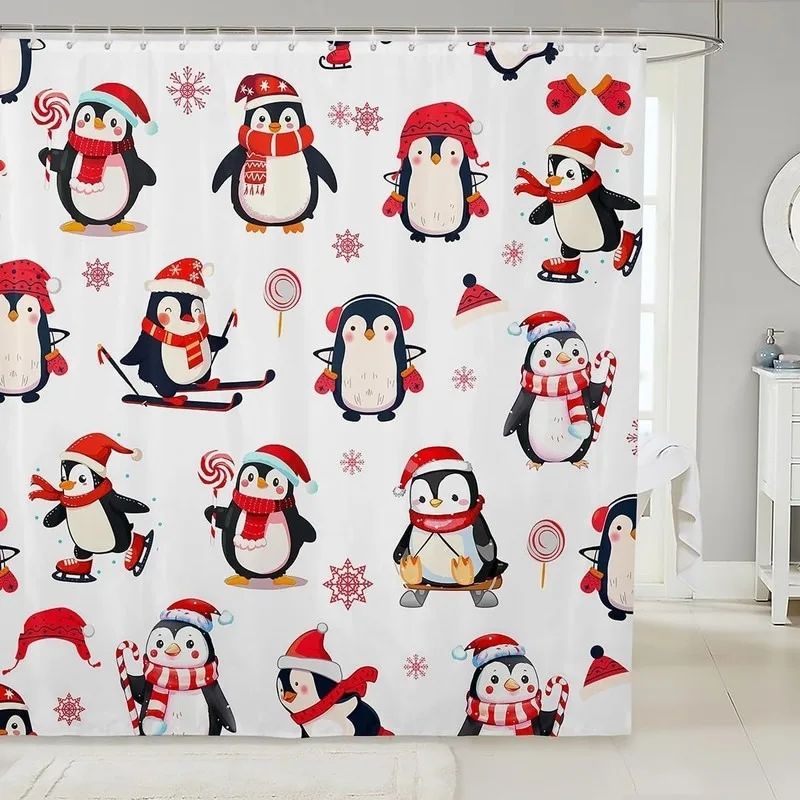 Cartoon Christmas Penguin Skiing Candy Snowflake Fun Bathroom Shower Curtain No Drilling with 12 Hooks for Kids Decor