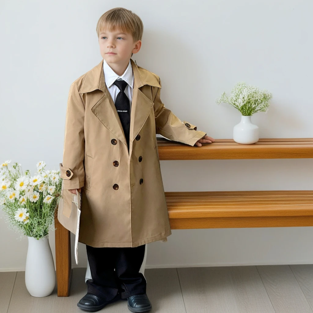 

2025 Kids Trench Coat Boys Long Stylish Windbreaker British Retro Autumn Winter Coat Fashion Outerwear for Children (2-14 Years)