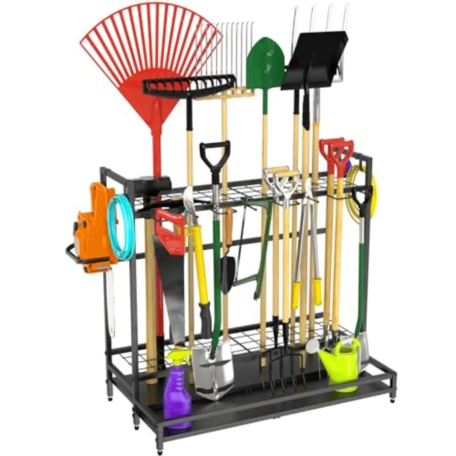 

Garden Tool Organizer for Garage Yard Tool Rack Holds Up to 64 Long-Handled Tools Black Metal Garden Tools Rack Storage with Ho