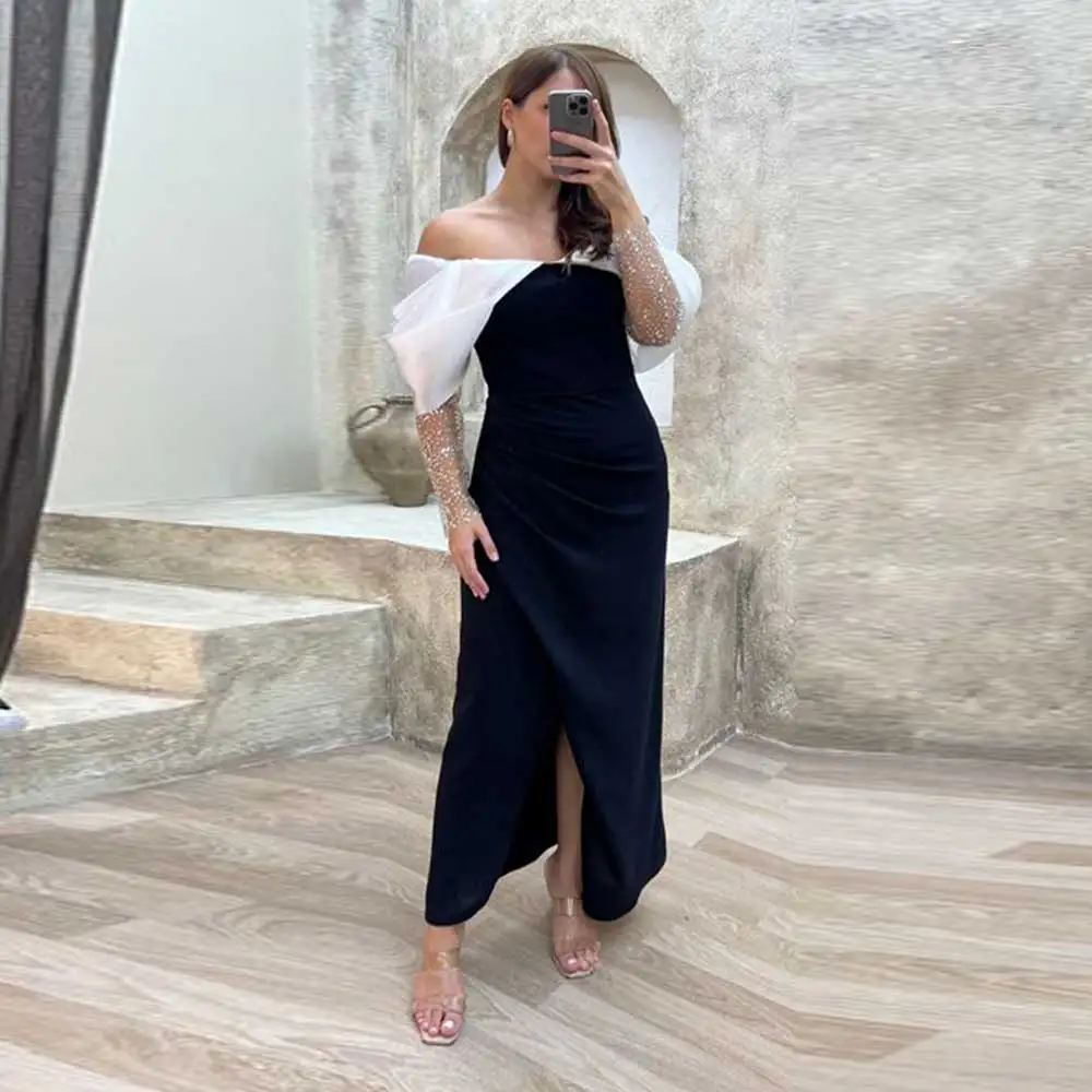 Customized Retro Patchwork Sheath Prom Gown Jersey Off Shoulder Illusion Long Sleeve Bateau Front Slit Ankle-Length Backless Par