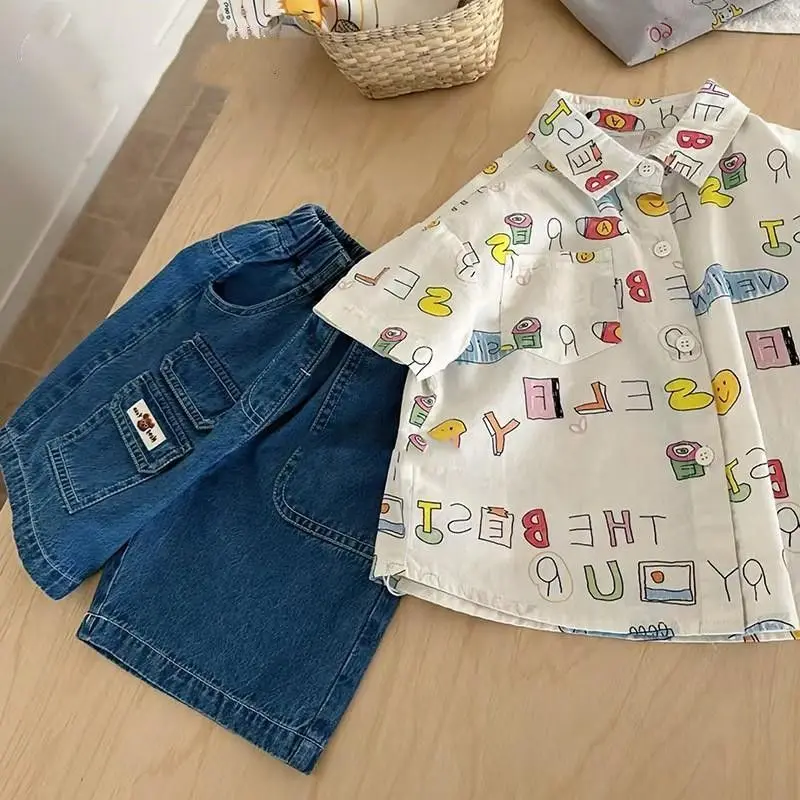 

Children's Clothes Set Boys Short sleeved Shirt 2024 Summer New Baby Fashion Versatile Casual Top Shorts 2PCS Printed