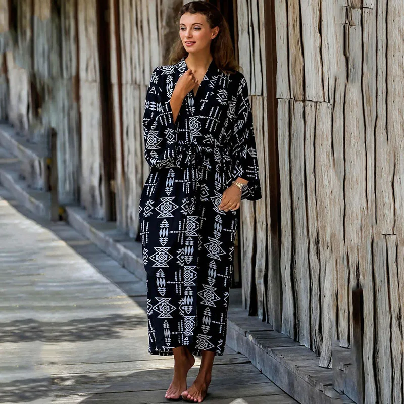 6 Styles Bohemian Printed Bikini Cover-ups Elegant Self Belted Kimono Dress Tunic Women Beach Wear Swim Suit Cover Up