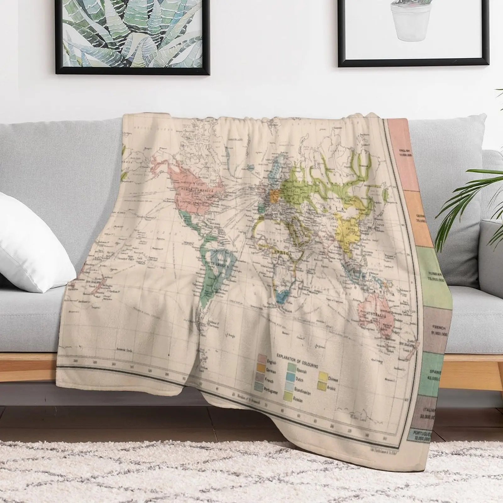 Old World Language Map (1907) Vintage Global Linguistic Atlas Throw Blanket Luxury Designer Picnic Blankets