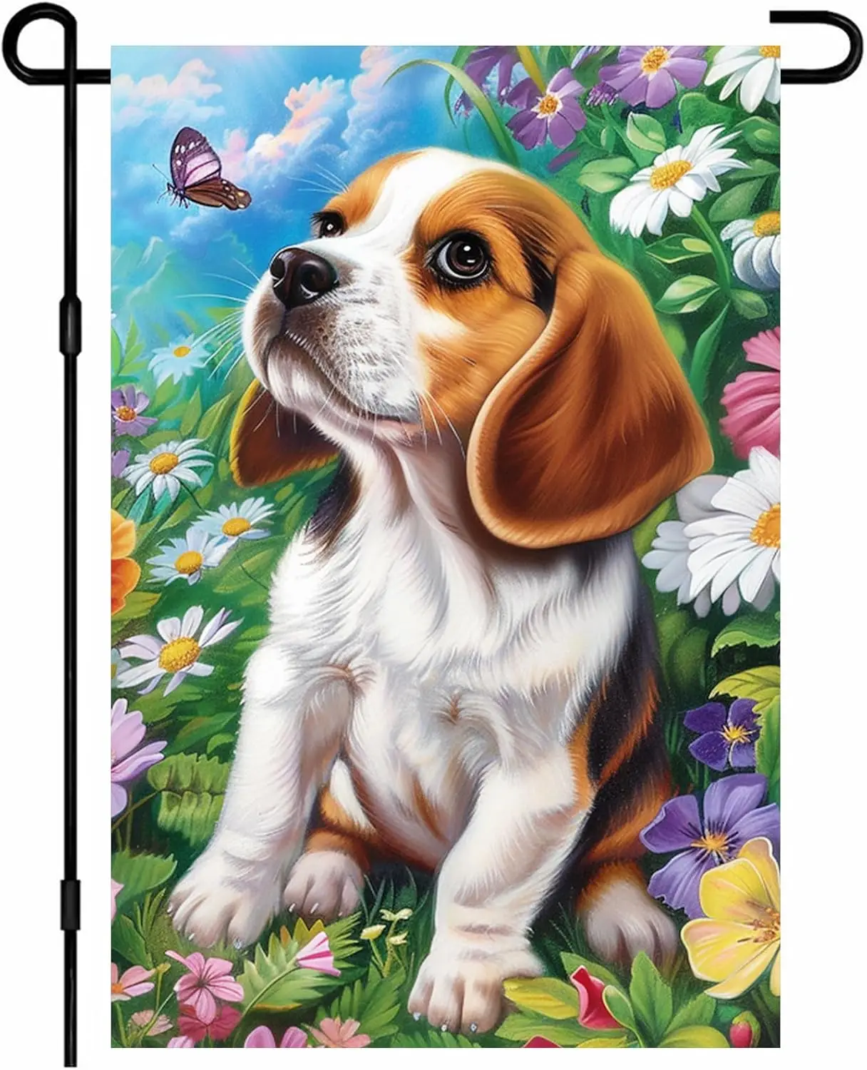 IVN Bandera de jardín con diseño de perro Beagle, 12x18 pulgadas, con cachorro Beagle, margaritas, flores silvestres, mariposas y prado floral, PPM