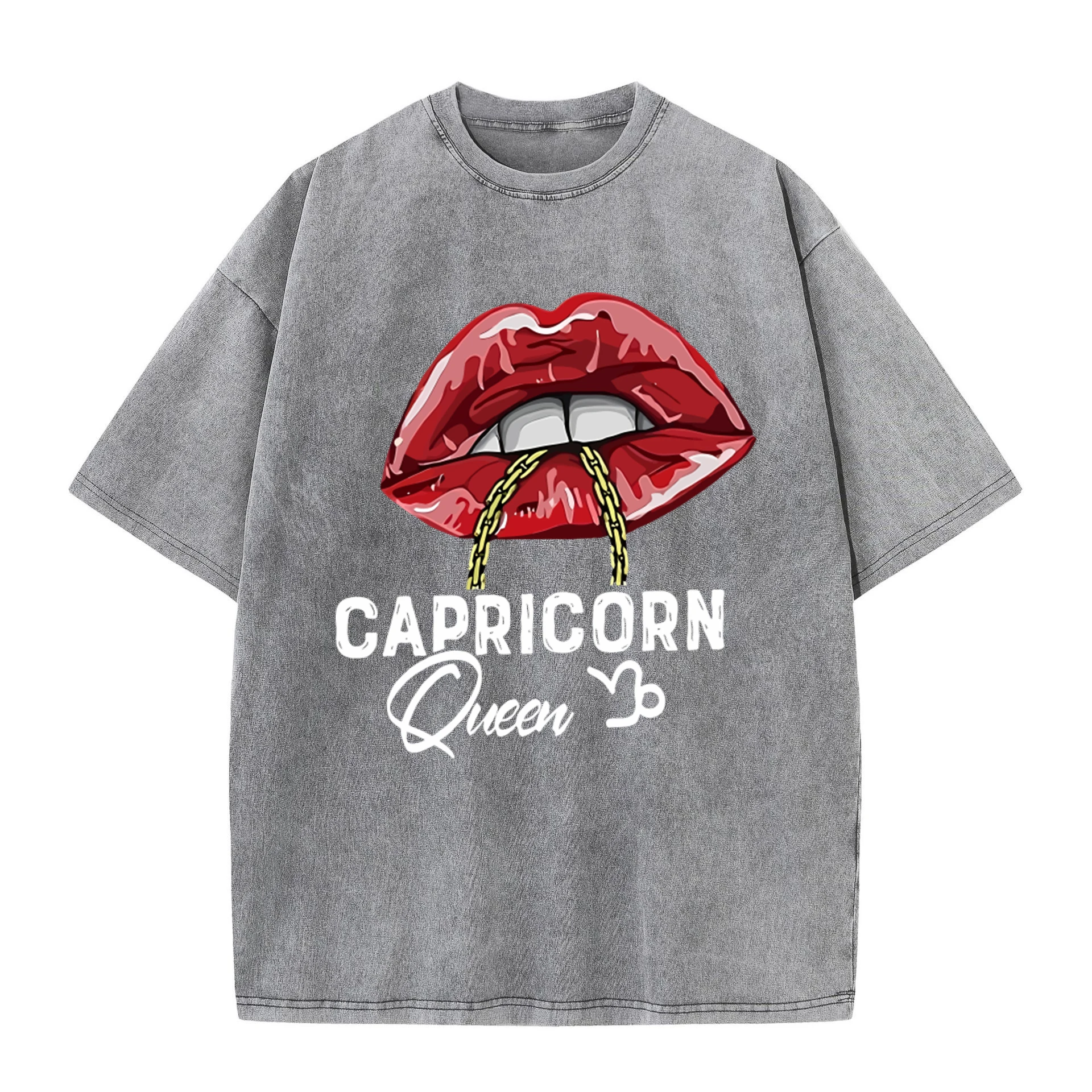 

Men's washed cotton T-shirt, fashionable, worn-out, loose fitting women's T-shirt, sexy, lip containing, mouth printed top