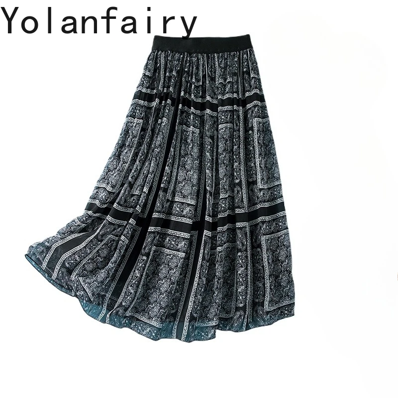 YOLANFAIRY 100% Natural Mulberry Silk Skirts Woman Clothing 2026 Summer Fashion Floral Skirt Women Elastic Waist Slim Skirt New