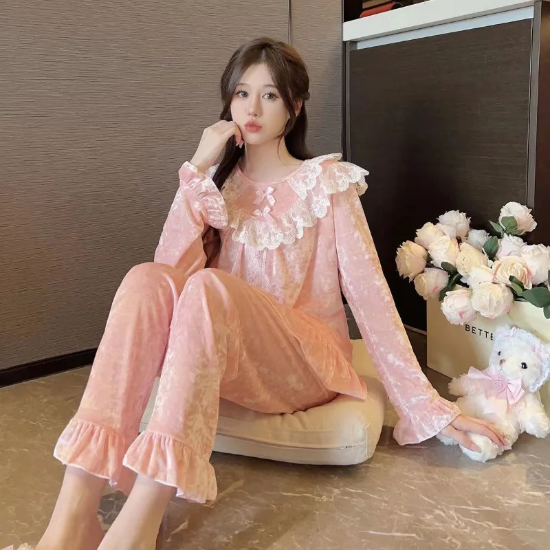 Palace style princess nightgown lady Autumn winter canary sweet lace spring autumn long sleeve trousers home dress two-piece set