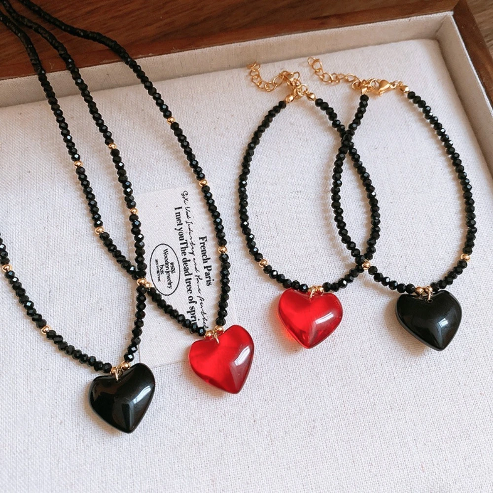 Romantic Heart Pendant Necklace Drawstring Irregular Fashion Choker Heart Pendant Aesthetic Crystal Heart Bracelet Lady