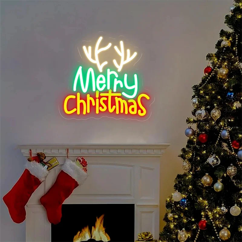 Merry Christmas Reindeer Antlers Neon Sign,Christmas Neon Light,Bar Shop Home Room Wall Decor,Custom Neon Sign,Holiday Decor