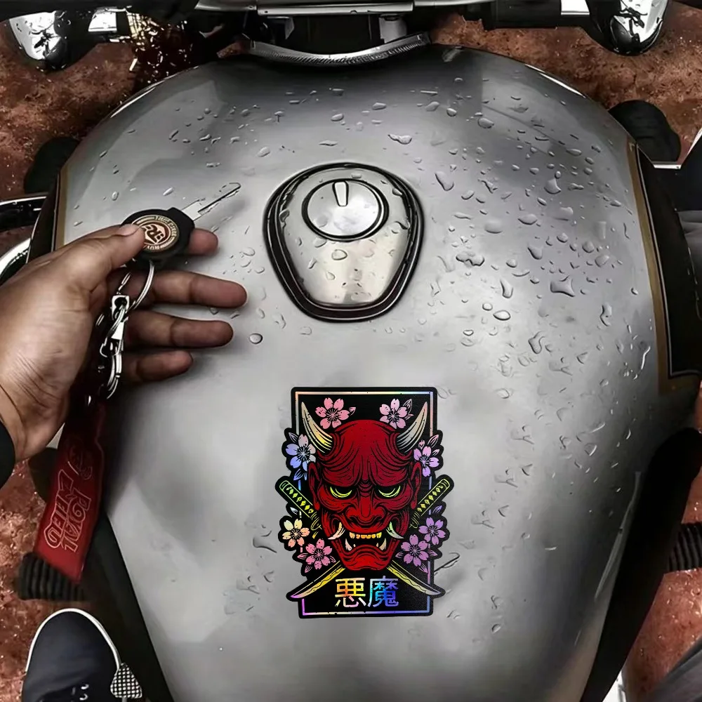 Holographic Border Red Japanese Oni Mask Stickers with Sakura, Samurai Sword & Demon Kanji for Car & Motorcycle Helmet Decor