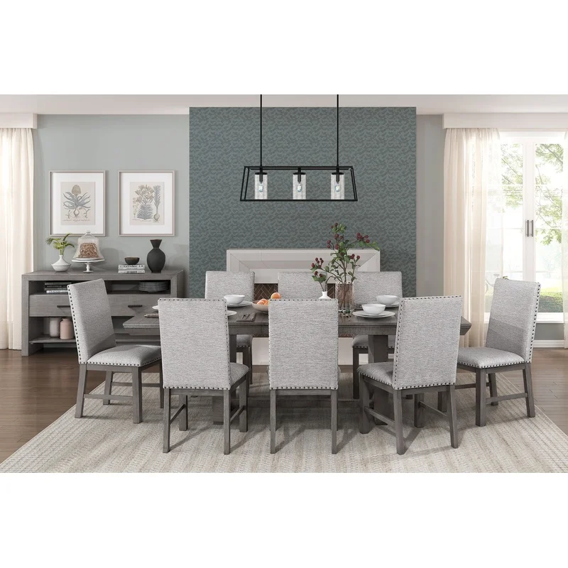 

Gray Rustic Dining Table 9-Piece Set with Extendable Leaf and 8 Fabric Upholstered Chairs – Modern Dining Room Furniture