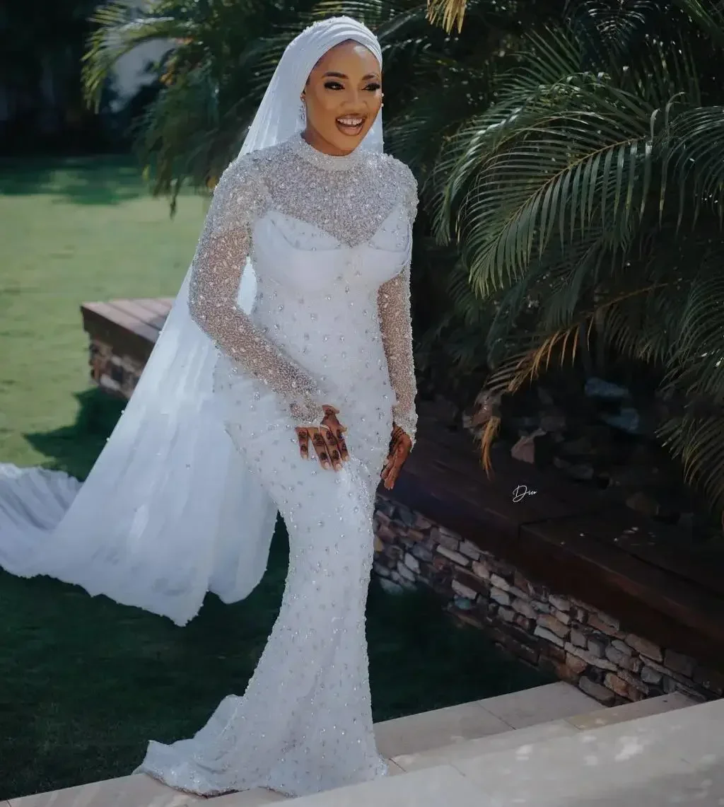 تخصيص كامل بلورات الخرز حورية البحر فستان الزفاف Vestidos De Novia الوهم طويلة الأكمام حديقة أثواب الزفاف الأفريقية