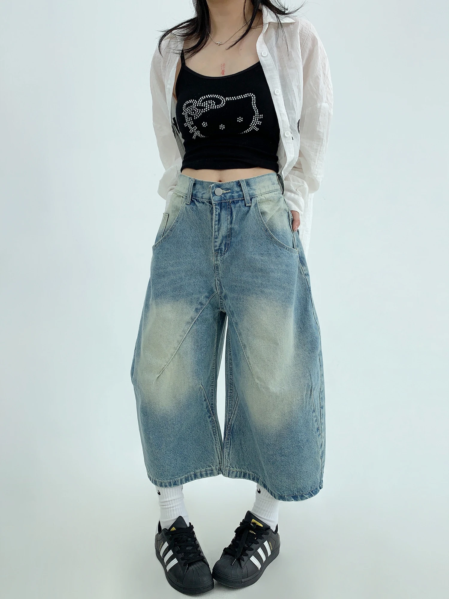 

Loose Fit American Style Summer Denim Jeans Women's High Waist Wide Leg Straight Cut Seven Inch Casual Pants