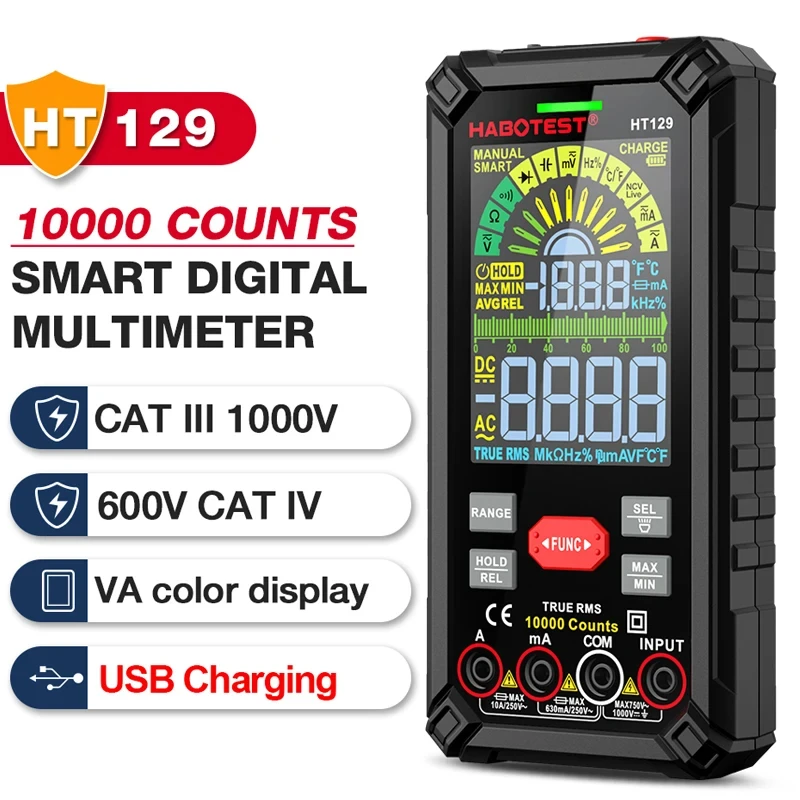 HT129 Smart Digital Multimeter 9999 Counts AC/DC Ammeter Voltmeter USB Rechargeable Ohm Diode NCV Multimeter Tester Color Screen