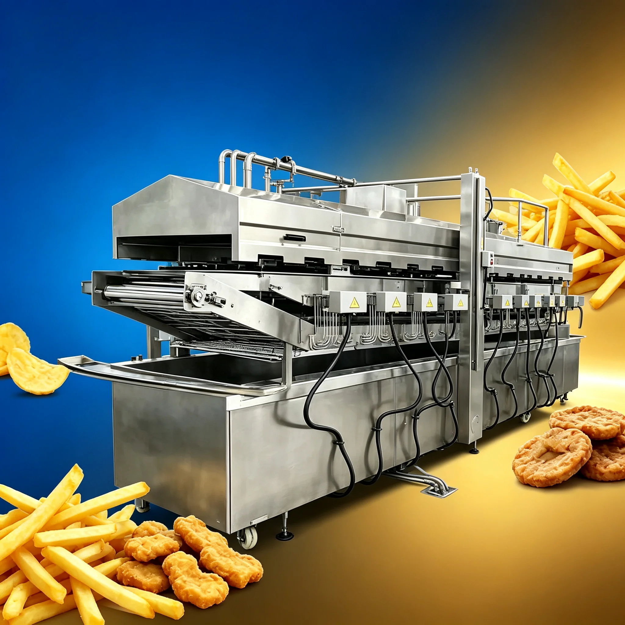 Complete Snack Frying Turnkey Line Conveyor Fryer For Plantain Chip And Fried Poultry Production Customized