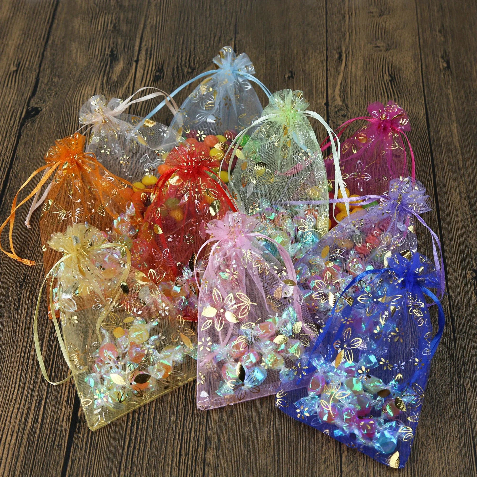 

200pcs Reusable Polyester Gauze Drawstring Bags - Mixed Color Gradient Bauhinia Floral Pattern for Jewelry, Gift, Party Favors &