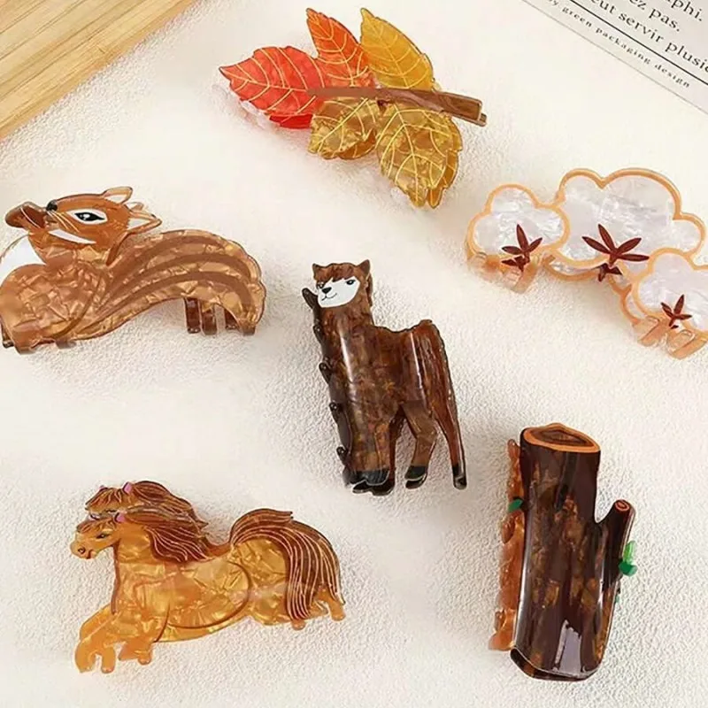 Animal Series Gripper Cute Alpaca Hairpin Squirrel Horse Shark Clip Leaf Stump Hairpin Happy Autumn Birthday Party Decors 2024