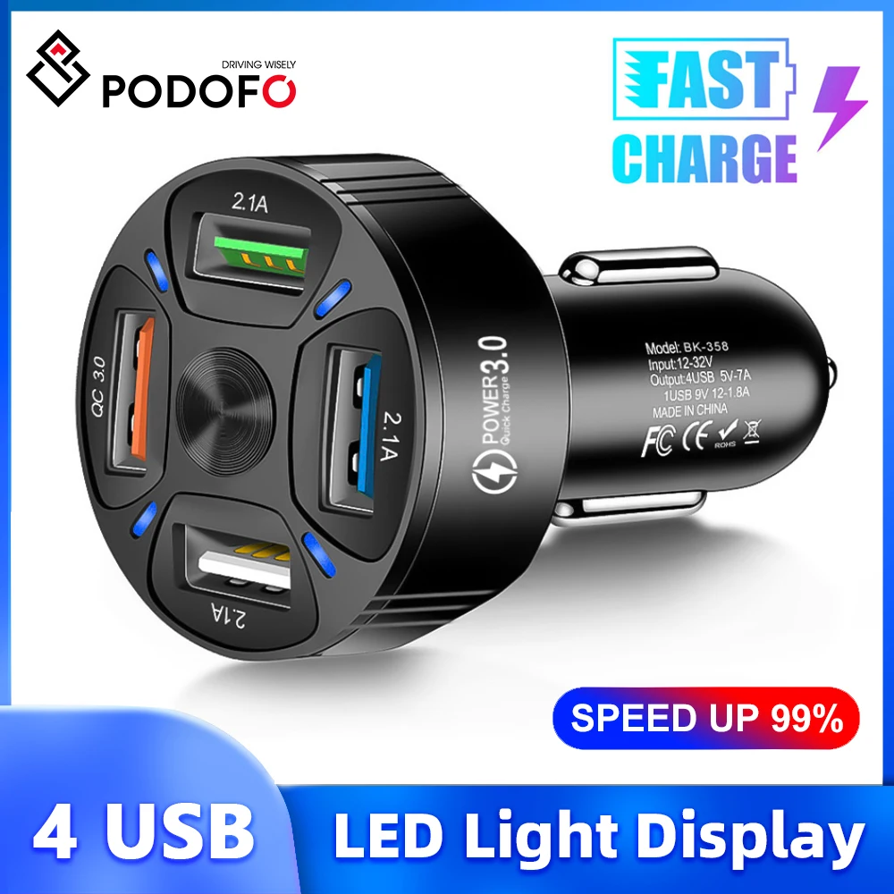 Podofo Car Charger USB Fast Charge 4 QC 3.0 USB Adapter 12-24V LED Light Display Auto Charging Plug Adapter for Mobile Phone