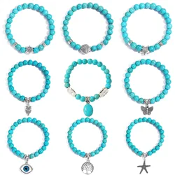 Various Shapes Blue Turquoise Bracelets Cube Cylindrical Beads Blue Natural Stone Bracelet For Men Women Elastic Cord Jewelry