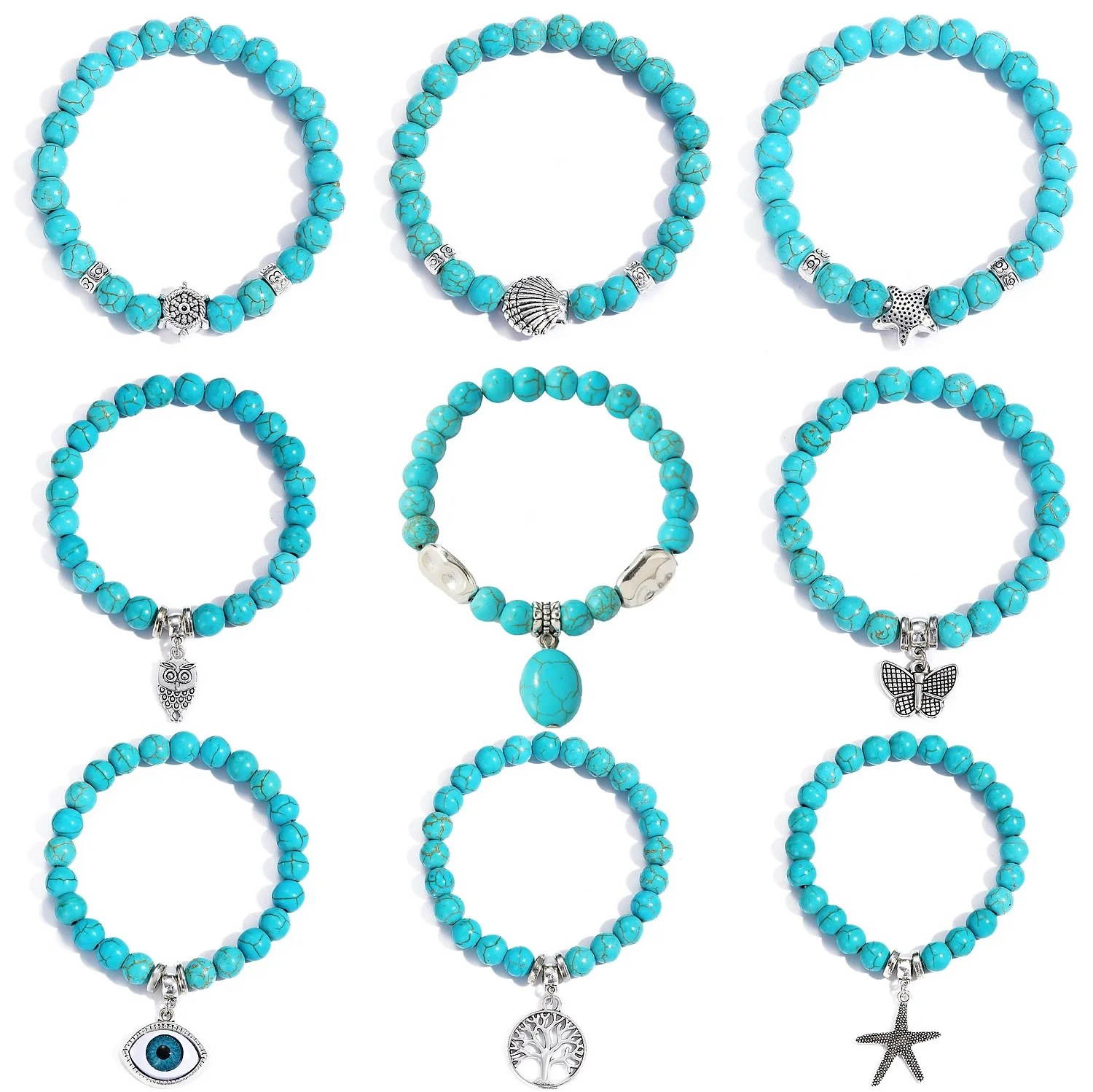 Various Shapes Blue Turquoise Bracelets Cube Cylindrical Beads Blue Natural Stone Bracelet For Men Women Elastic Cord Jewelry