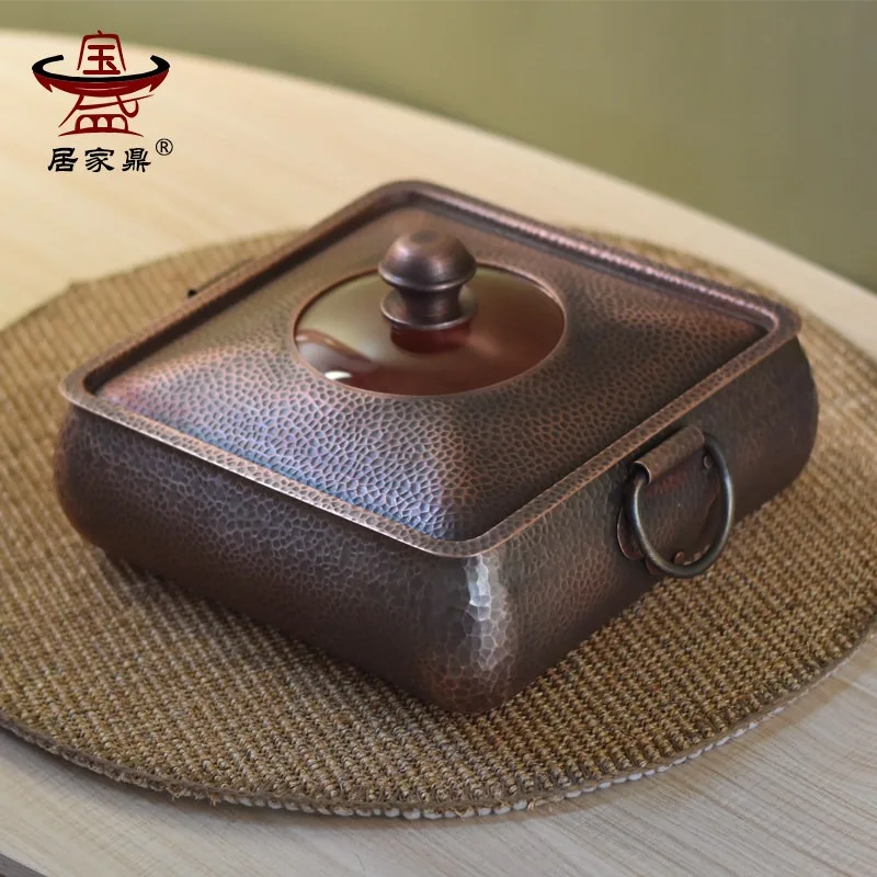 Pure Copper Hot Pot Hand Hammered Thick Vintage Square 26-30cm Induction Gas Compatible for Shabu Shabu Home Cooking Stew Pot