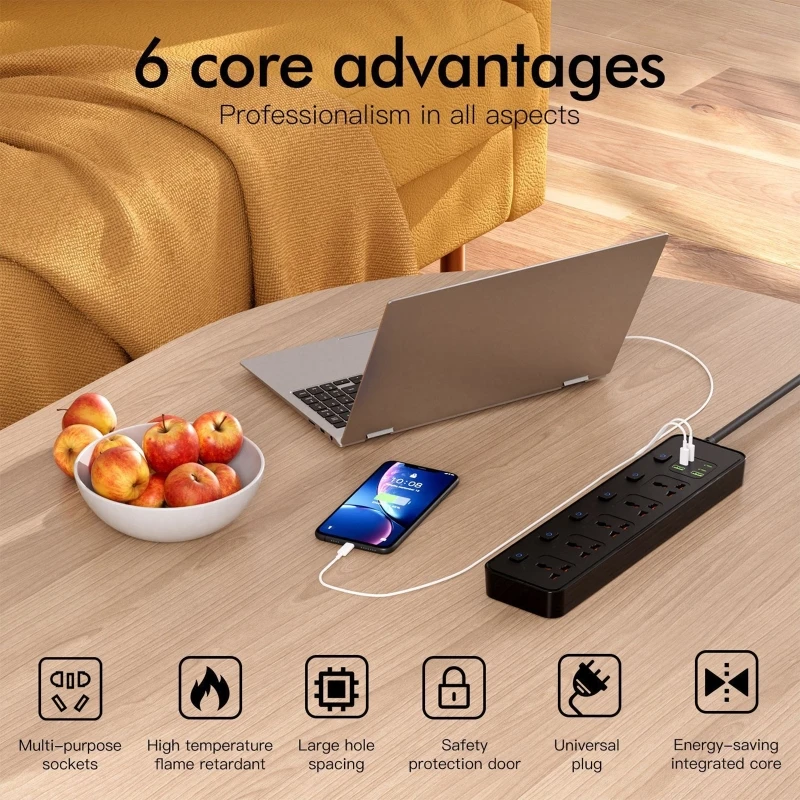 EU US UK AU Plug 1.8m Extension Cord Universal Socket 5 AC Outlets Power Strip With 2 USB-A + 4 USB-C Charging Ports Socket