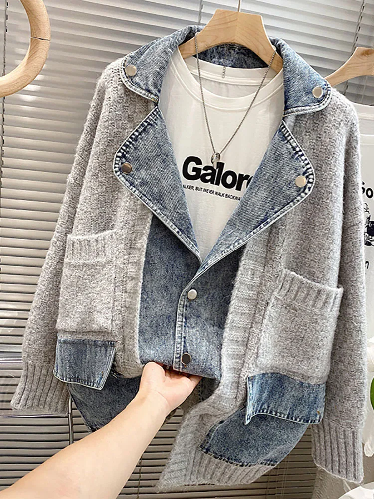 Imagem -04 - Cardigan Camisola Feminina Denim Grosso Falso Cabolsa Feminino Turn-down Colarinho Outerwear Senhora Retalhos Bolsos Malhas Pull Femme Luxe