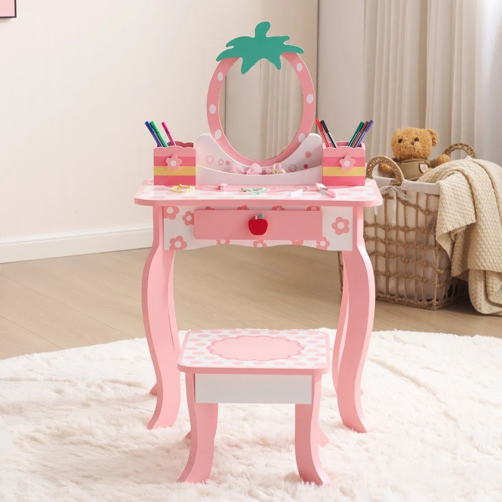 Girls Gift Vanity Makeup Table Girls Dressing Table Set with Mirror and Stool
