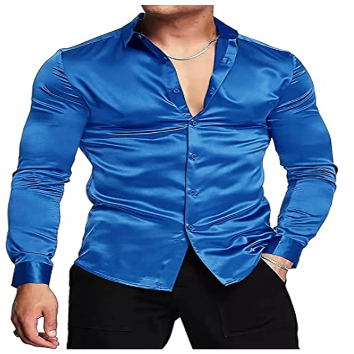 

Fall Men's Solid Color PROM Slim-Fit Smooth Lapel Silk Casual Long-Sleeved Button-up Shirt