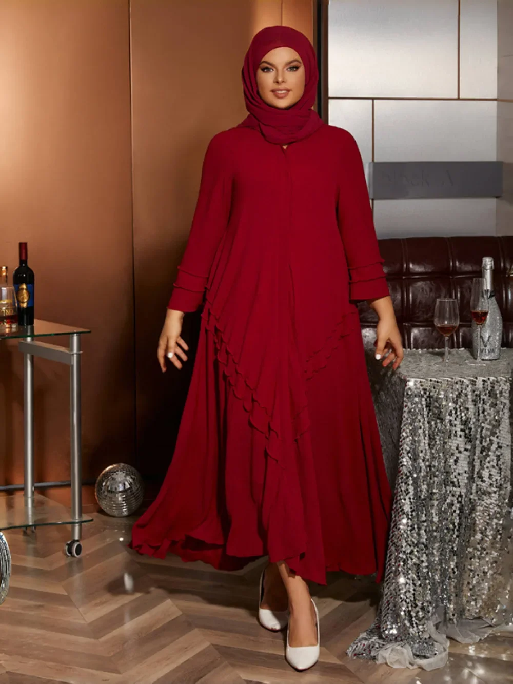 عباية نسائية للعيد مع وشاح فستان حجاب فساتين حمراء للحفلات الطويلة رداء قفطان إسلامي جلابية قفطان رمضان 2026 فيستدوس لارجوس #3