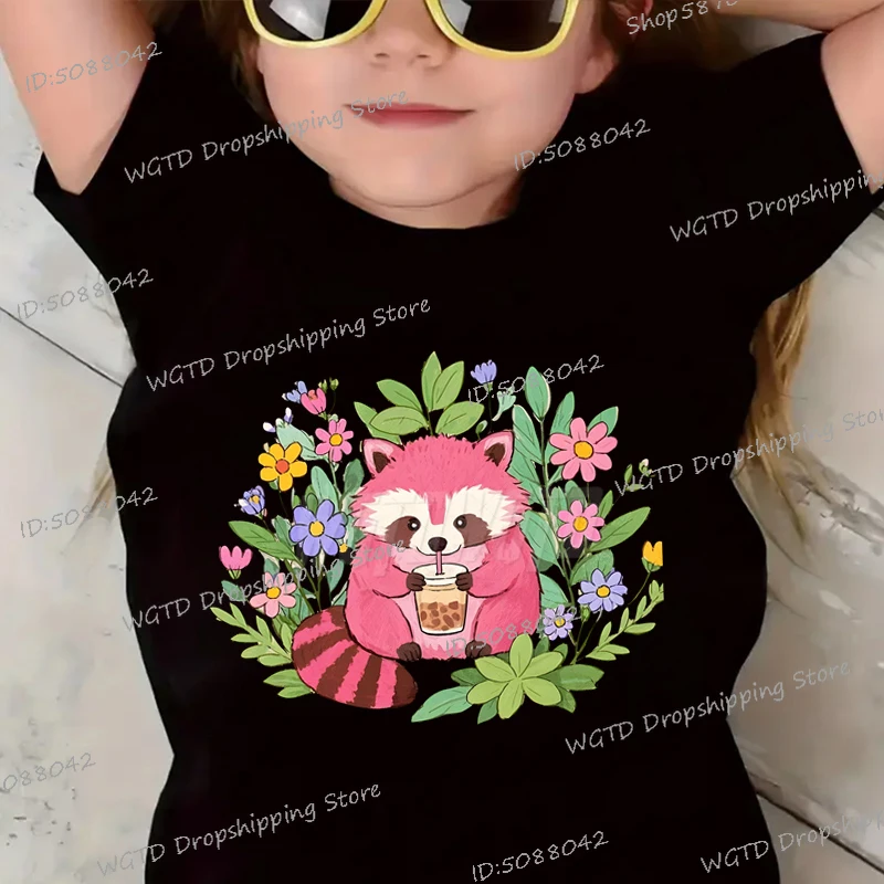 

Anime Pink Raccoon Children's Clothing Summer Print Cartoon Fashion Short Sleeve T-shirt Popular Design Boys Girls Raccoon Tops