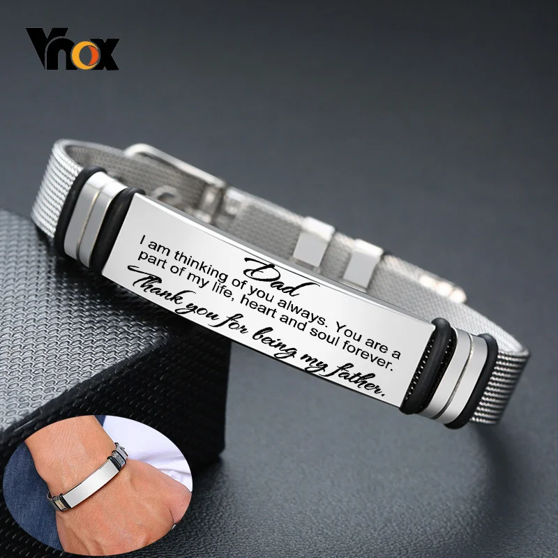 Vnox Mens Stainless Steel Custom Engrave ID Tag Bracelets Dad Gift Length Adjustable with Mesh Watch Band Jewelry Gift for Dad