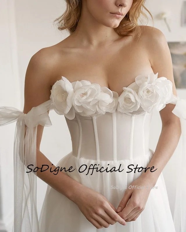 SoDigne A-line 3D Fiore Tulle Abiti da sposa Spalle scoperte Abito da sposa senza maniche Abito da sposa con lacci sul retro diviso Personalizzato