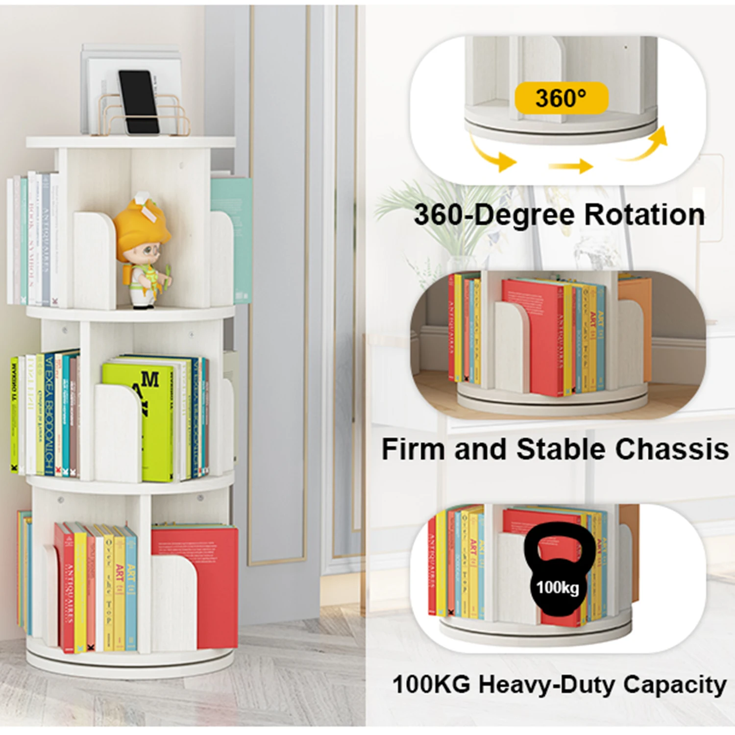 Rotating Bookshelf 3 Tier, 360° Revolving Bookcase Organizer for Kids & Adults Corner Bookshelves for Small Space Living Room