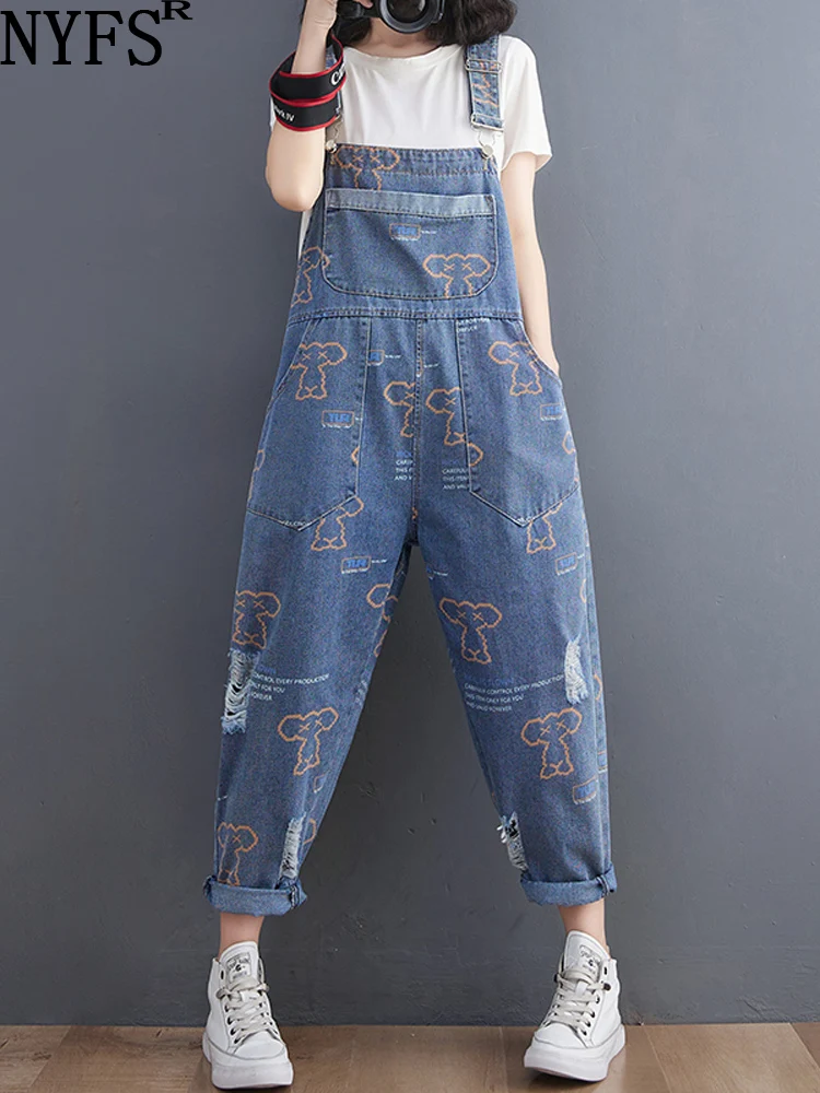 

NYFS 2023 Spring Autumn Loose Plus Size Women Denim Overalls Trousers Female Fashion Personality Letter Print Women Jumpsuit