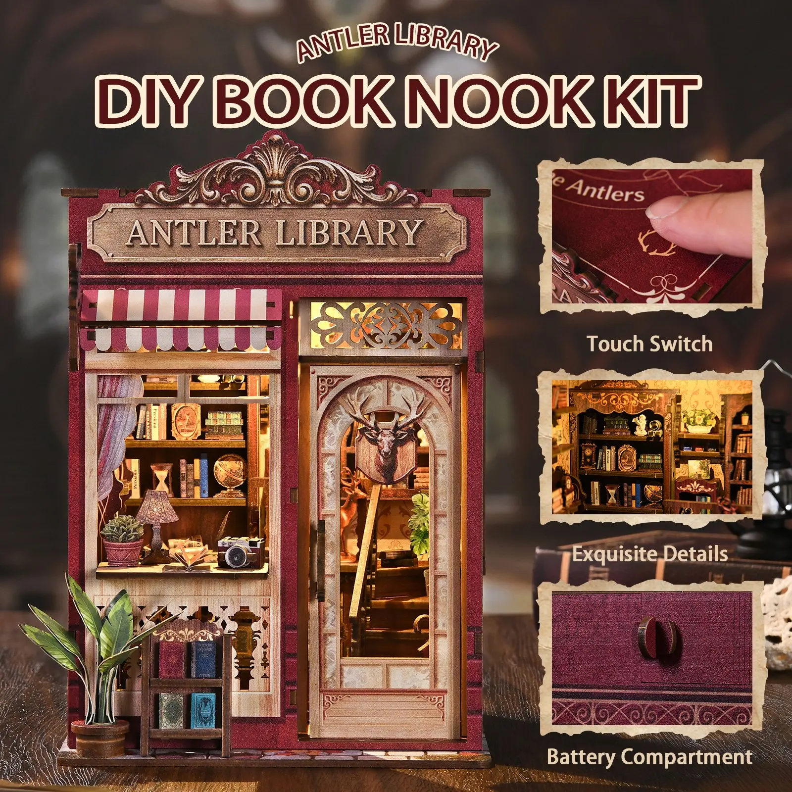 DIY Book Nook Kit Antler Library Vintage Bookstore Diorama 218Piece 3D Wooden Puzzle Miniature House Bookshelf Decor