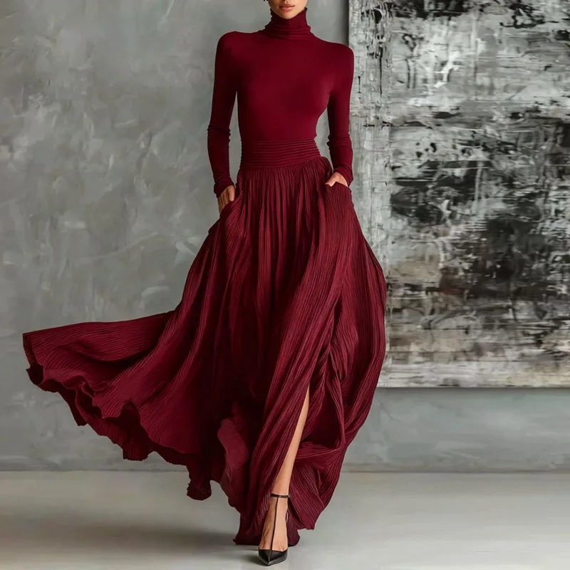 프렌치 스타일 레트로 솔리드 롱 드레스 수트 여성 우아한 터틀넥 탑 풀오버 & 플리츠 맥시 스커트 2피스 세트 가을 의상