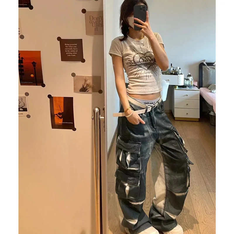 Multiple Pockets Jeans Women Y2K Hip Hop Vintage High Waisted Jeans Straight Streetwear Loose Large Size Wide Leg Denim Pants