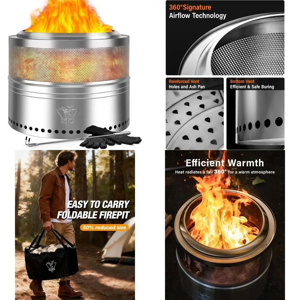 

Portable Outdoor Fire Pit, Foldable Smokeless Wood Burning Stainless Steel Fireplace with Removable Ash Pan and Glove