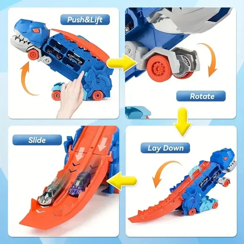 شاحنة ديناصور نقل قابلة للطي مع مسار سباق منزلق ألعاب روبوتية لشخصية الحركة في هدايا عيد الميلاد الدائمة