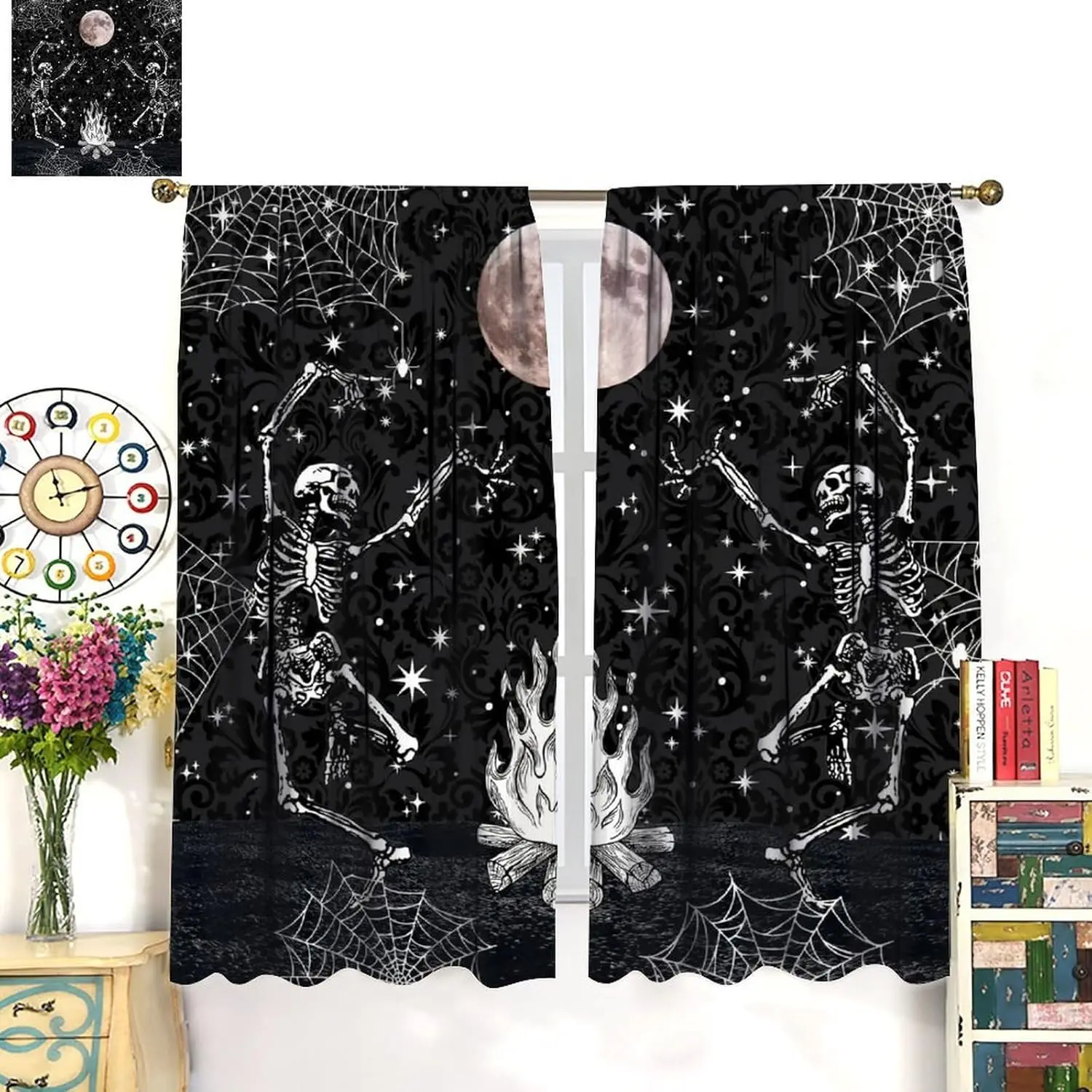 Skeleton Moon Curtains Black Damask Pattern Starry Sky Bonfire Mysterious Dance Retro Abstract Art Rod Pocket Window Treatments