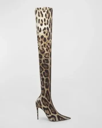 Sexy Women Leopard Snakeskin Pointed Toe Over The Knee Boots Female Stiletto Heels Slim Thigh Long Socks Boots Shoes Lady