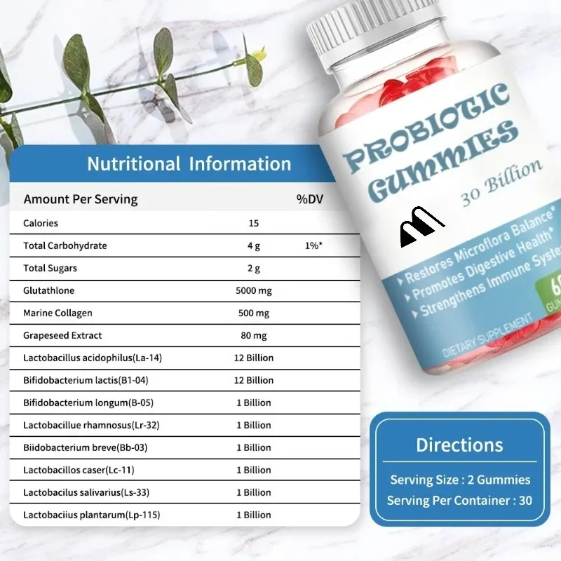 Probiotic Gummies Containing Marine Collagen, Grape Seed Extract, Multiple Strains, Youthful Skin, Healthy Anti-aging Support