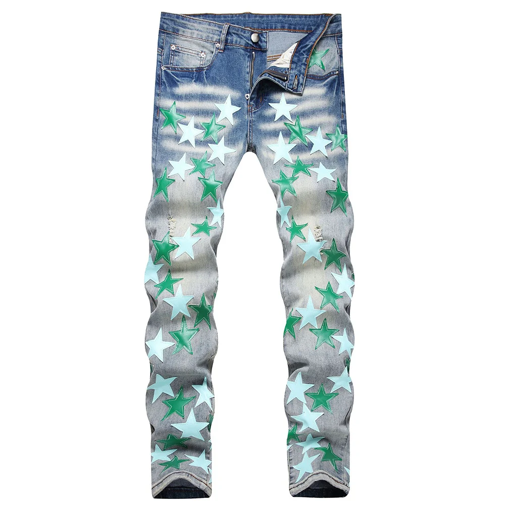 

Men Leather Stars Patch Denim Jeans Streetwear Slim Tapered Pants Holes Ripped Distressed Stretch Cotton Trousers