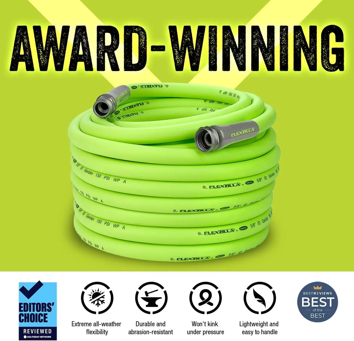 Flexzilla Garden Hose 5/8 in. x 100 ft., Heavy Duty, Lightweight, Drinking Water Safe, Zilla - HFZG5100YW-E, Green